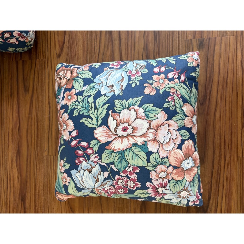 Vintage navy blue floral throw set 2 pillow botanical chintz roses and greenery